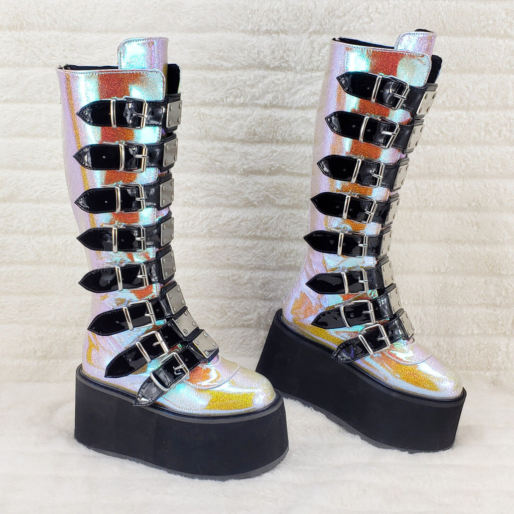 Damned 318 Multi Strap 3.5" Platform Cyber Punk Knee Boots Pink Hologram  NY - Totally Wicked Footwear