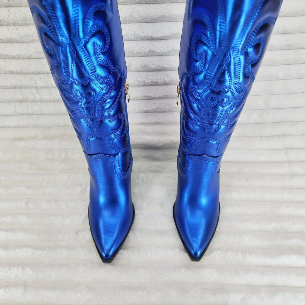 Electric Cowboy Brush Metallic Matte Western Knee High Cowgirl Boots Blue - Totally Wicked Footwear