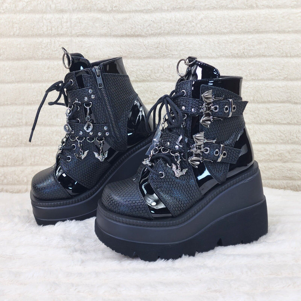 Shaker 66 Black Matte / Patent Platform 4.5" Wedge Heel Charm Ankle Boots NY - Totally Wicked Footwear