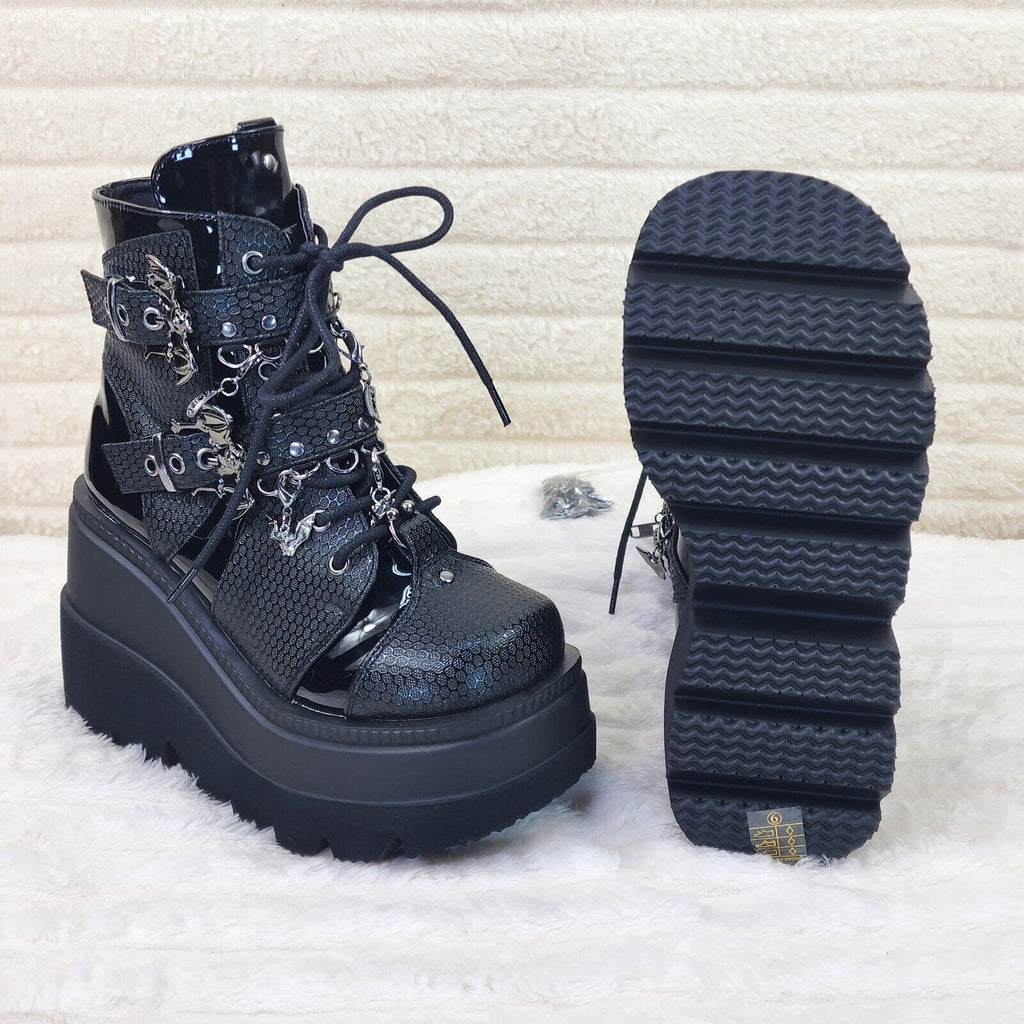 Shaker 66 Black Matte / Patent Platform 4.5" Wedge Heel Charm Ankle Boots NY - Totally Wicked Footwear