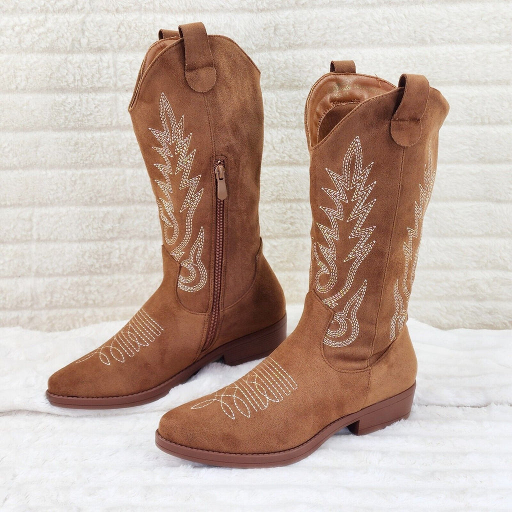 Bella Western Mid-calf Cowboy Cowgirl Boots Tan Low 1.5" Heels Tan Faux Suede - Totally Wicked Footwear
