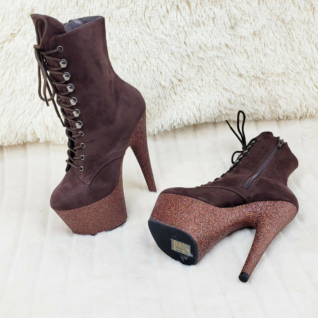 Adore 1020FSMG Brown Mocha V Suede & Glitter 7" High Heel Platform Ankle Boot NY - Totally Wicked Footwear