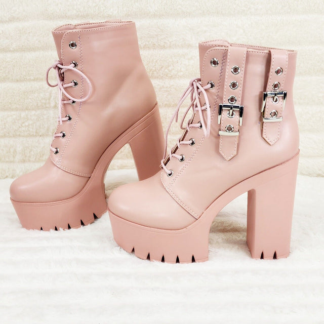 Linda Pink Blush Chunky Block Heel Lave Up Ankle Boots Brand New - Totally Wicked Footwear