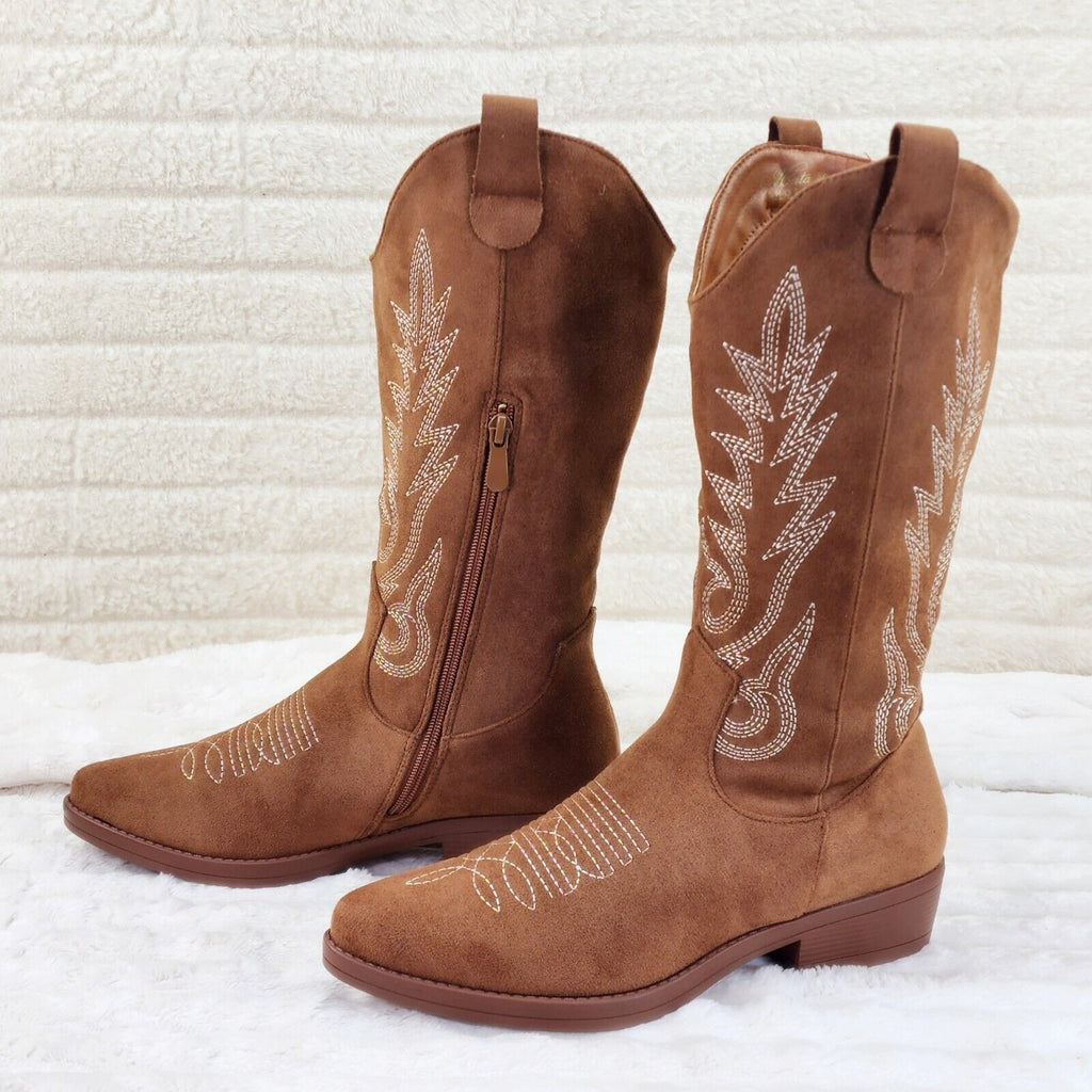 Bella Western Mid-calf Cowboy Cowgirl Boots Tan Low 1.5" Heels Tan Faux Suede - Totally Wicked Footwear