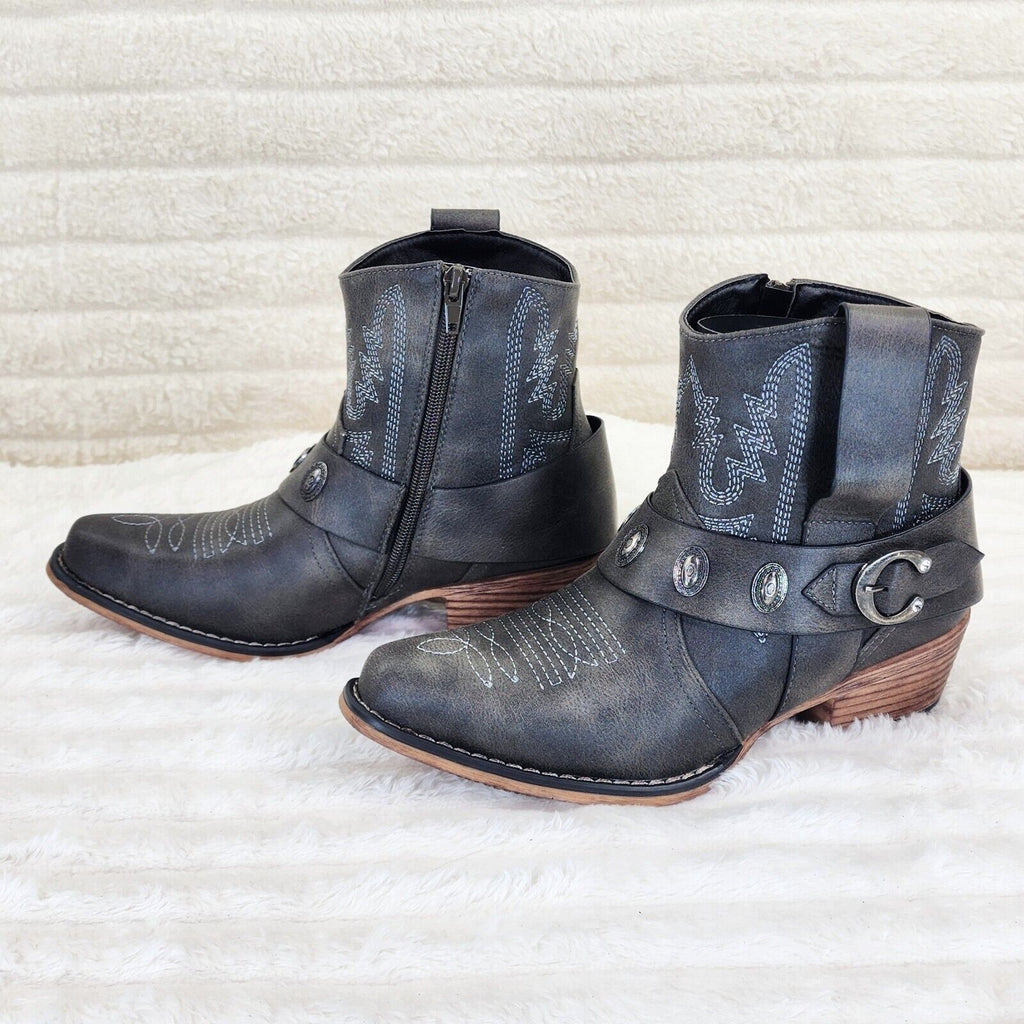 Wild West Black Distressed Western Cowgirl Pull On Ankle Boots - Totally Wicked Footwear