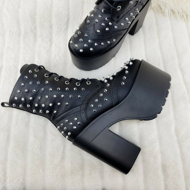 Ocho Black Punk Goth Rock Glam Block Heel Platform Spiked Ankle Boots - Totally Wicked Footwear