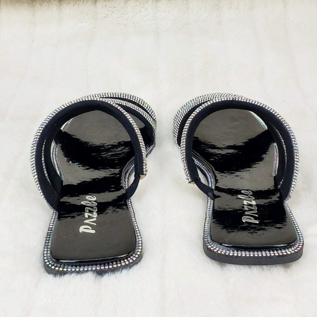 Sparkle Triple Padded Strap Slip On Iridescent Rhinestone Sandals Black - Totally Wicked Footwear