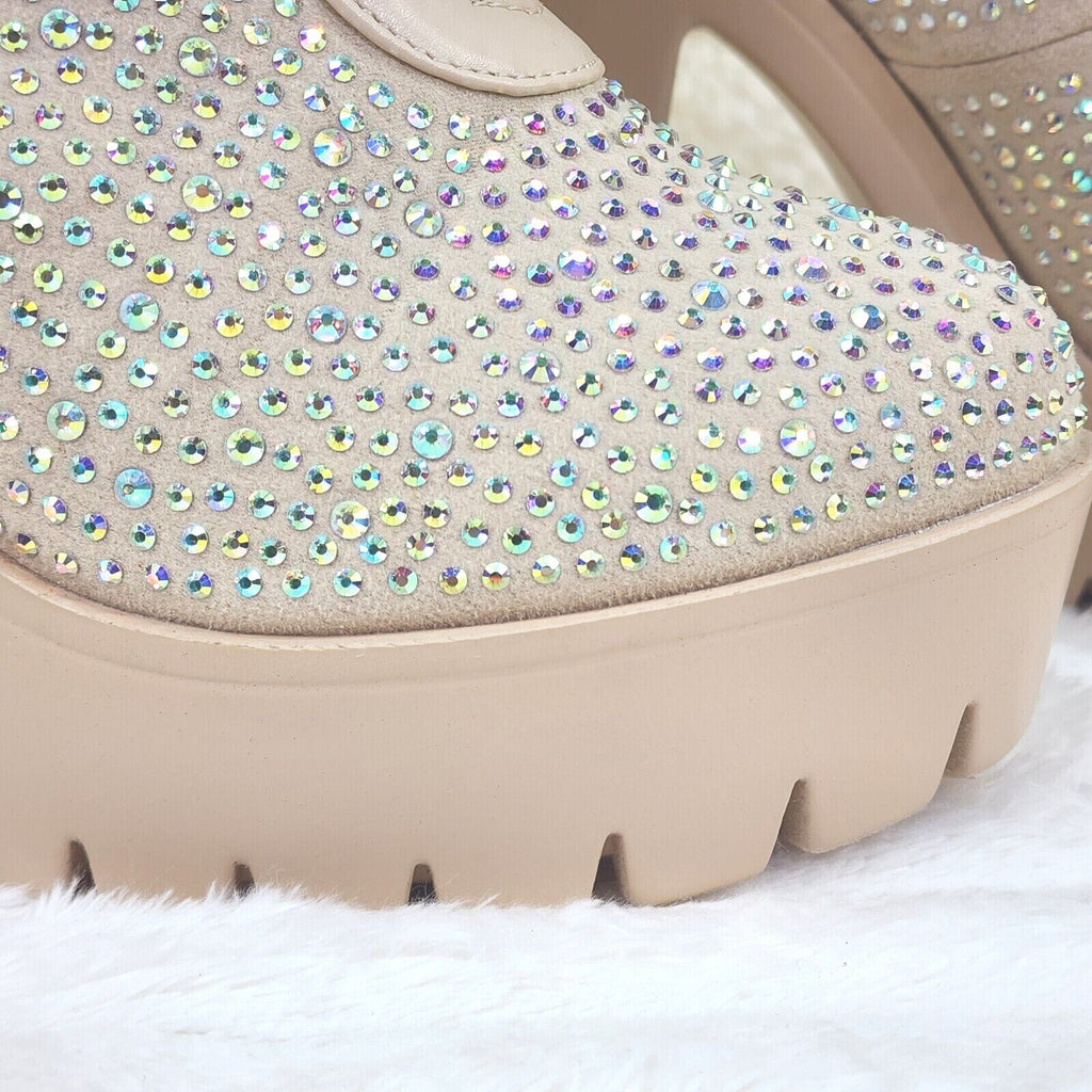 Barri Nude Beige Cream Rhinestone Chunky Heel Platform Ankle Boots - Totally Wicked Footwear