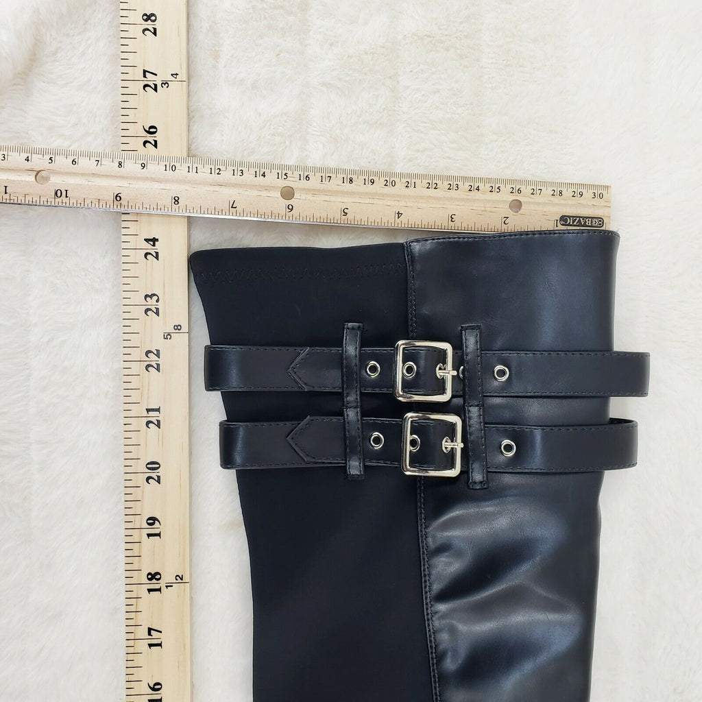Techno Baby Black Leatherette Spandex Stretch Panel Lug Sole Thigh High Boots - Totally Wicked Footwear
