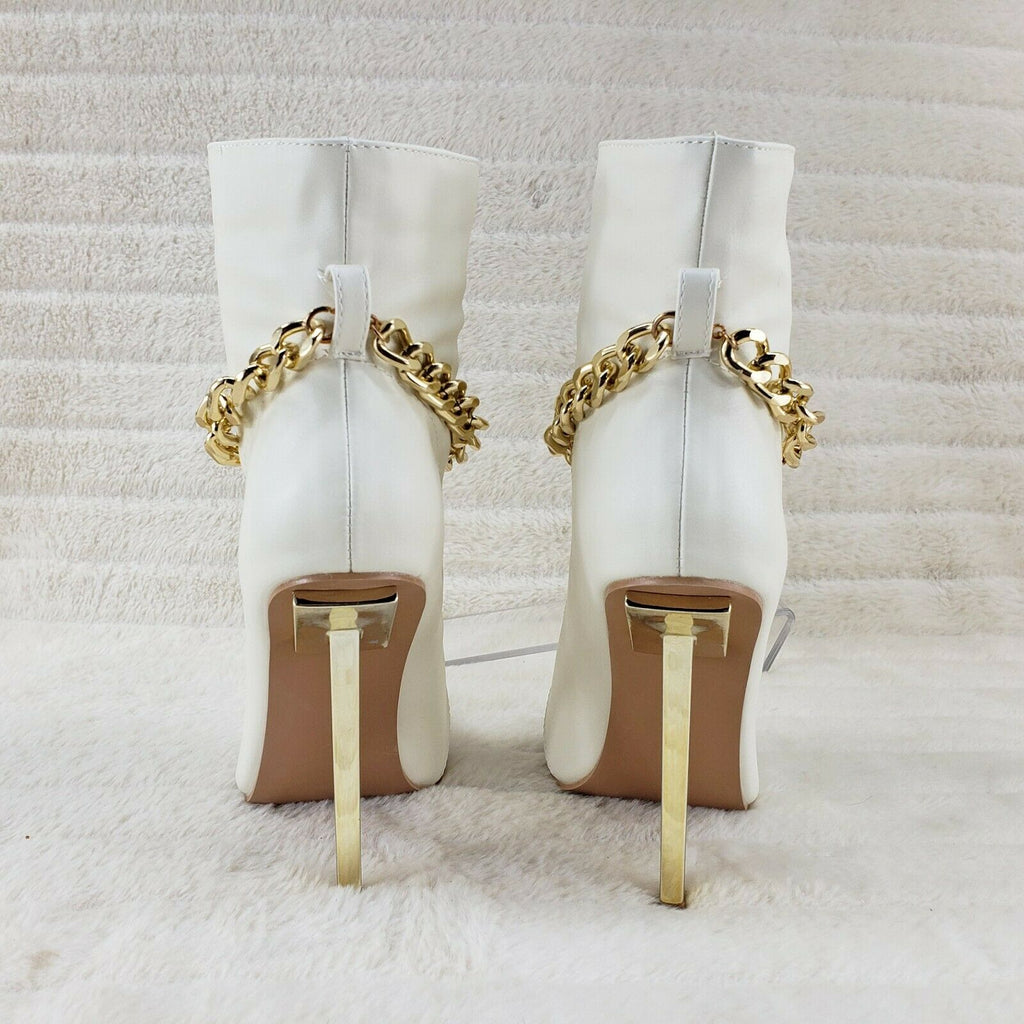 Venomous White Pointy Toe Spike Stiletto Heel Ankle Boots Gold Tone Chain - Totally Wicked Footwear