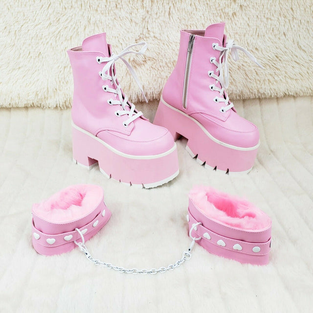 Ashes 57 Pink Heart Studs 3.5" Platform Goth Boots Fur Lined Cuffs & Chain NY - Totally Wicked Footwear