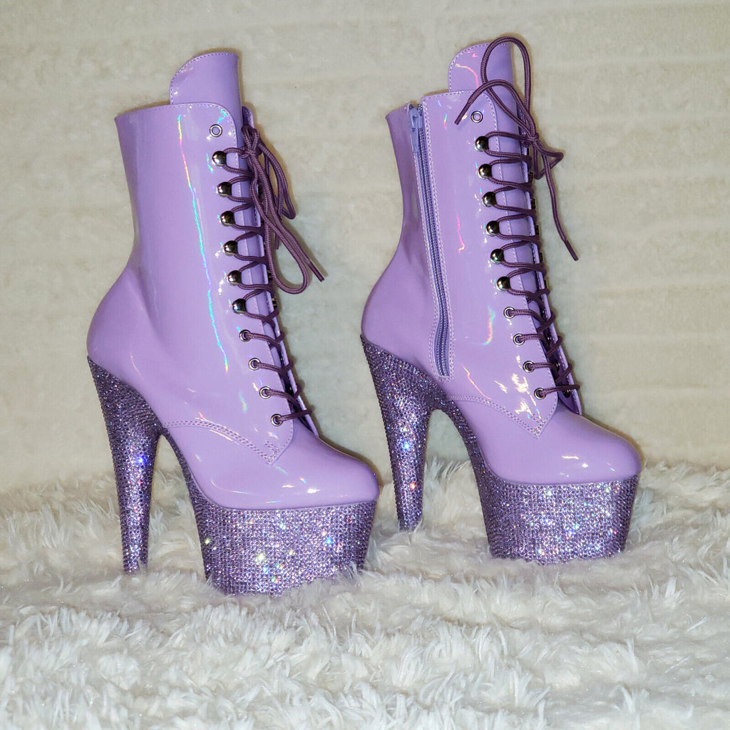 Bejeweled Lilac Rhinestone Platform Lace Up Ankle Boots 7" High Heels IN HOUSE - Totally Wicked Footwear