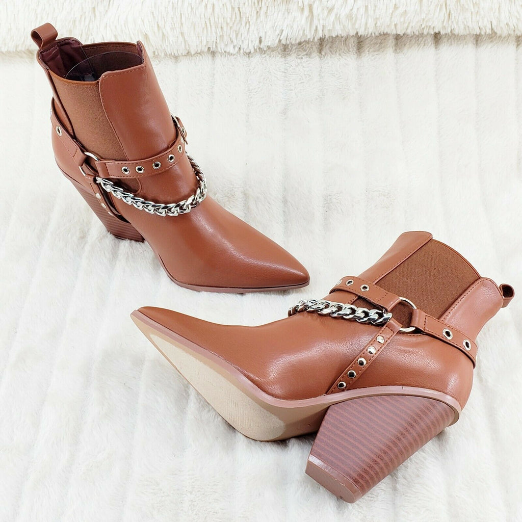 Dimitri Western Chain Strap Cowboy / Cowgirl Pull Ankle Boots Tan 6-11 - Totally Wicked Footwear