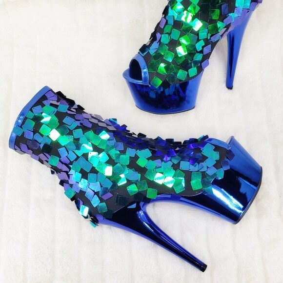 Delight 1031SQ Green Mermaid Sequin Ankle Boot 7" High Heel Shoe Sizes 11 NY - Totally Wicked Footwear