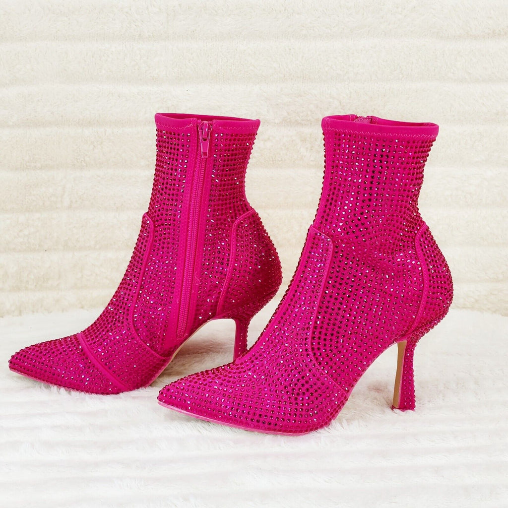 Stunning Fuchsia Hot Pink Stretch Rhinestone Ankle Boots 3.5" Heels - Totally Wicked Footwear