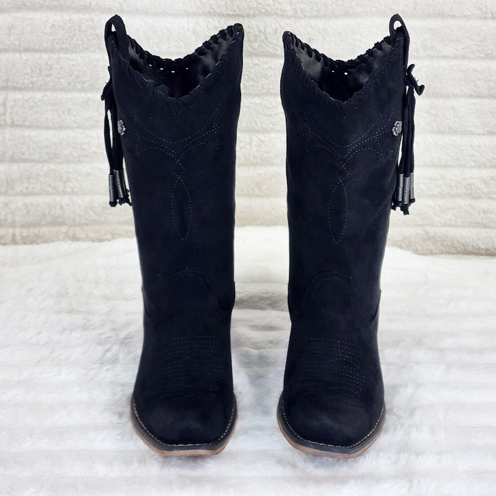 Prairie Girl Black Distressed Tassel Cowboy Cowgirl Pull On Mid Calf Boots - Totally Wicked Footwear