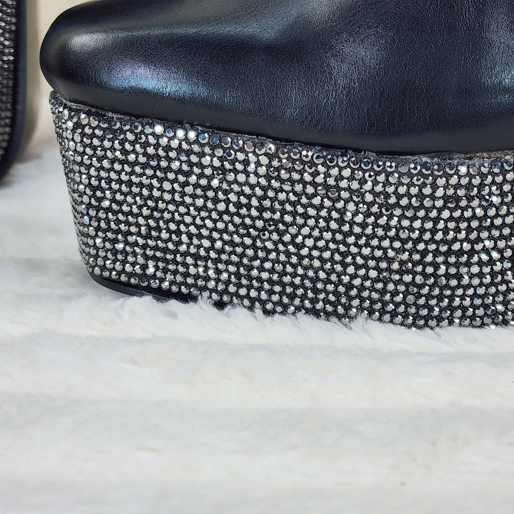 Nikki BLack Leatherette Rhinestone Platform Chunky Heel Ankle Boots - Totally Wicked Footwear