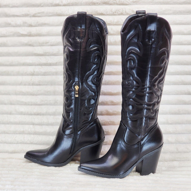 Electric Cowboy Brush Metallic Matte Western Knee High Cowgirl Boots Jet Black - Totally Wicked Footwear