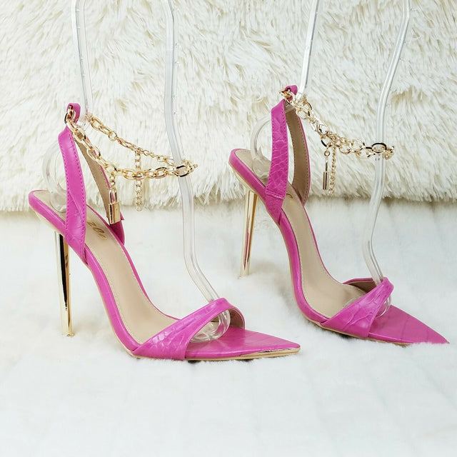 Nicely Pad Lock Chain Strap High Heels Metal Toe Tip Shoes Fuchsia Pink - Totally Wicked Footwear