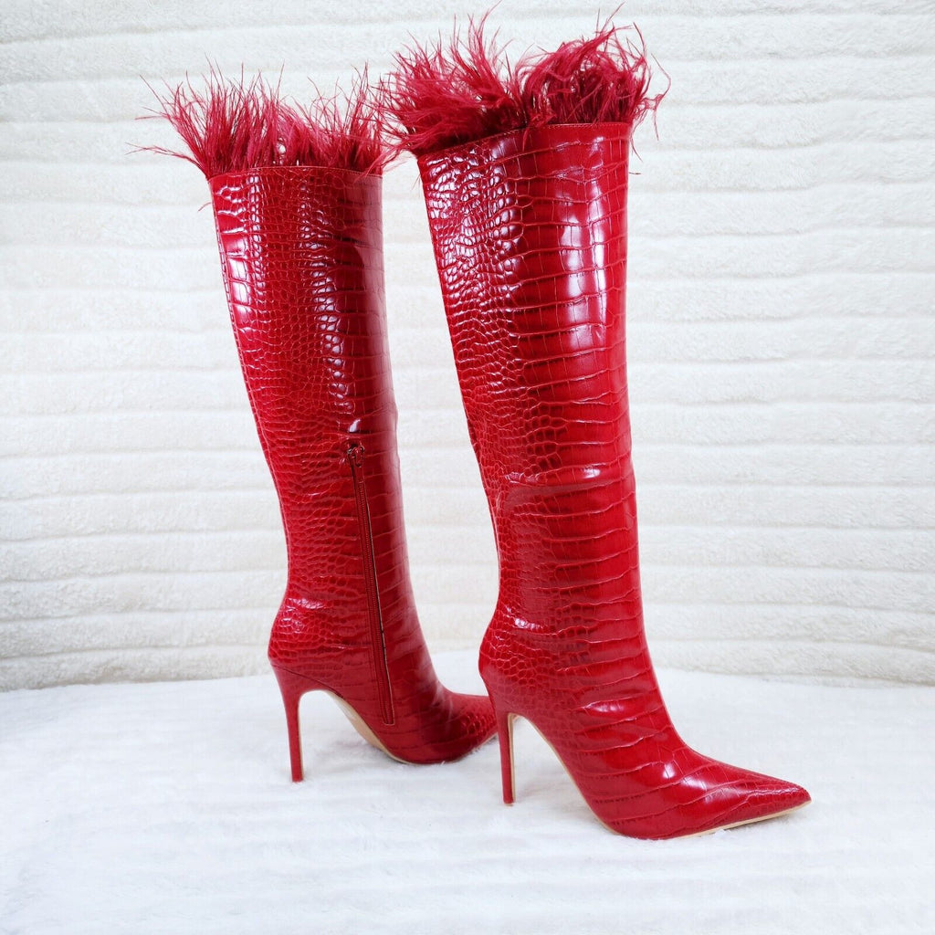 Flirty Red Snake Texture Knee High Heel Stiletto Boots Sexy Feather Top - Totally Wicked Footwear