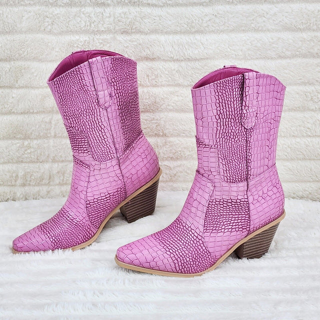 Giddy Up Pink Snake Embossed Western Cowgirl Pull On Ankle Boots - Totally Wicked Footwear