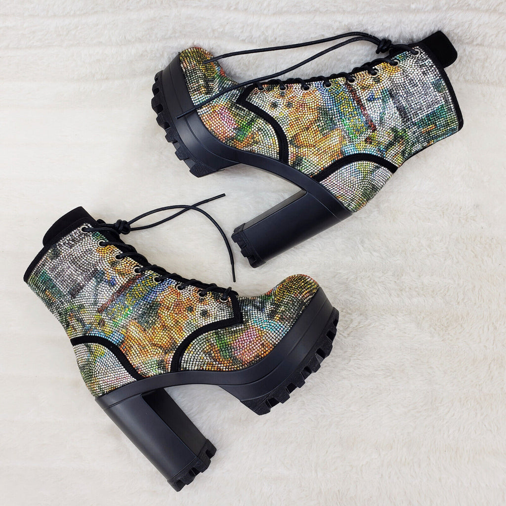 News Story Multi Sparkle Rhinestone Lug Sole Chunky High Heel Ankle Boots - Totally Wicked Footwear