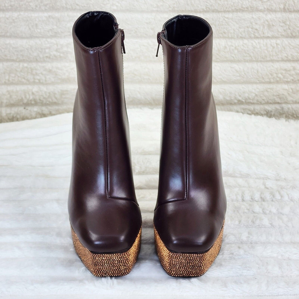 Nikki Brown Leatherette Rhinestone Platform Chunky Heel Ankle Boots - Totally Wicked Footwear