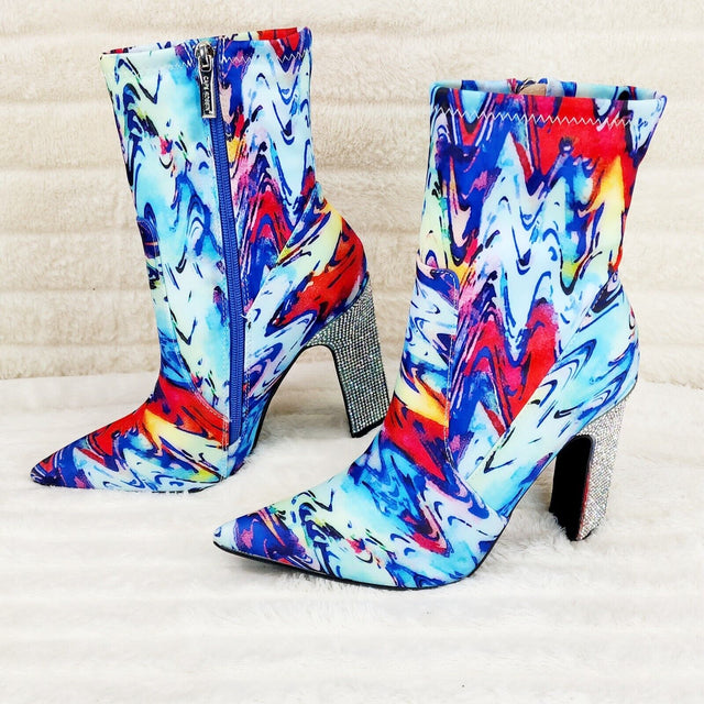 Regal Multi Color Print Stretch Upper Rhinestone Heel Ankle Boots - Totally Wicked Footwear