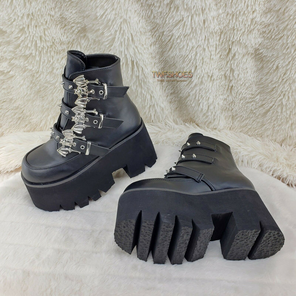Demonia Ashes 55 Black Bat Buckle 3.5" Platform Heel Goth Boots RESTOCKED NY - Totally Wicked Footwear