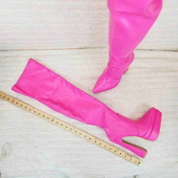 Delicious Hot Pink Fuchsia Pointy Toe Platform High Heel Stretch Thigh Boots - Totally Wicked Footwear