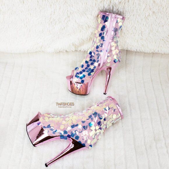 Delight 1031SQ Pink Opal Sequin Ankle Boot 7" High Heel Shoe Sizes 11 & 12 NY - Totally Wicked Footwear