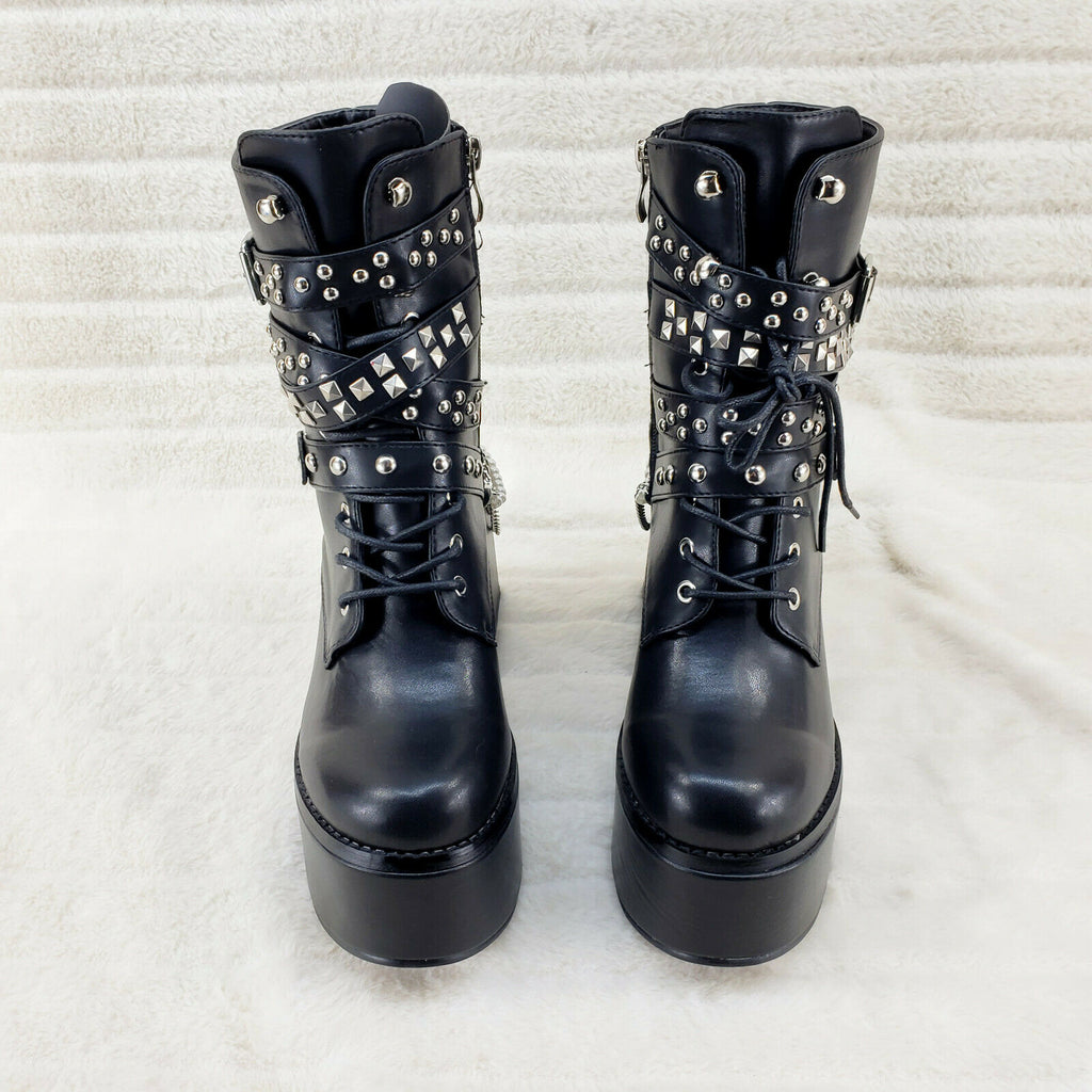 Ocho Black Ice Multipile Strap Platform Chunky Block Heel Ankle Boots - Totally Wicked Footwear