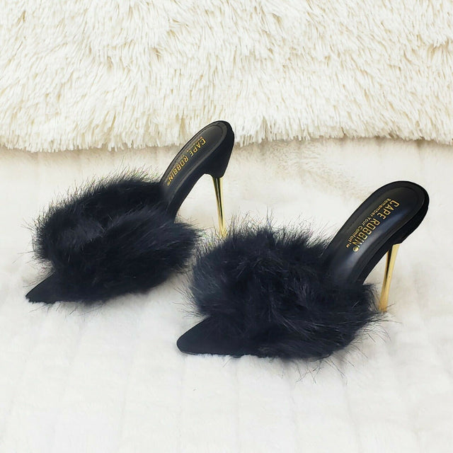 Fuji Furry Pointy Toe Slip On 4.5" Gold Tone Slim Heels Black - Totally Wicked Footwear