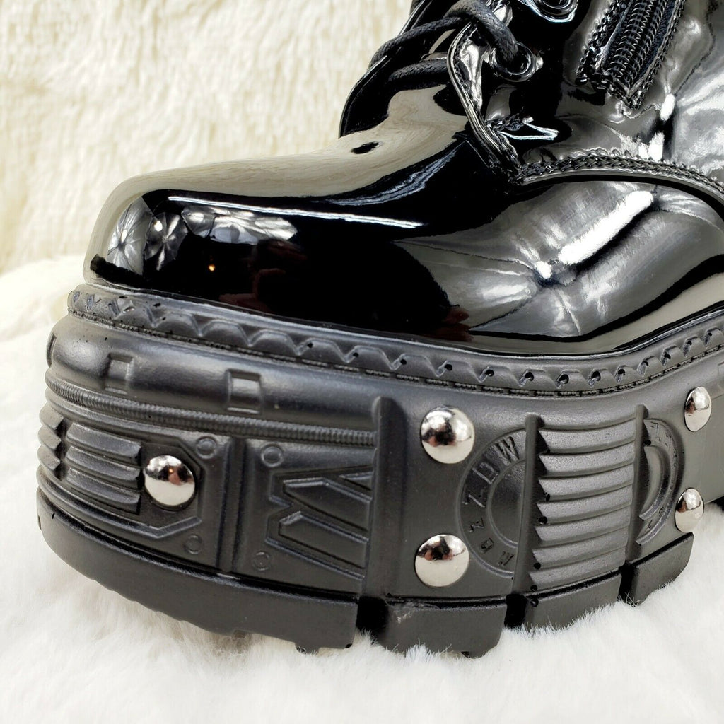 Wang Black Patent Punk Goth Rock 2" Platform 4.5" Wedge Lace Up Knee Boots - Totally Wicked Footwear