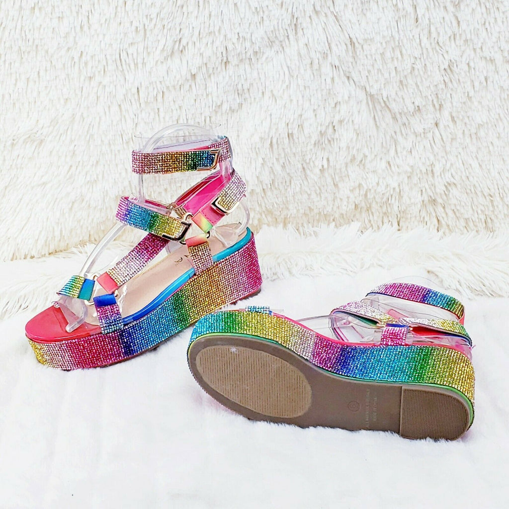 2" Flatform Harness Strap Rainbow Rhinestone Sandals Comfy New Shoes Restocked - Totally Wicked Footwear