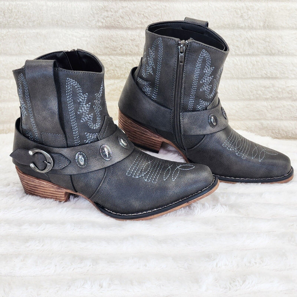 Wild West Black Distressed Western Cowgirl Pull On Ankle Boots - Totally Wicked Footwear