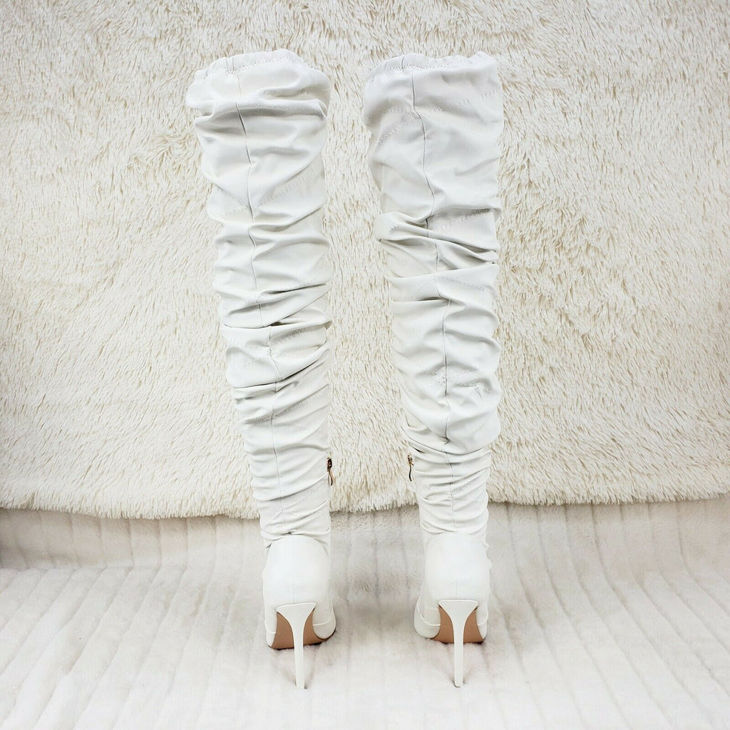 Victoria Bone White Square toe Thigh Boots Adjustable Slouch Scrunch Restocked - Totally Wicked Footwear