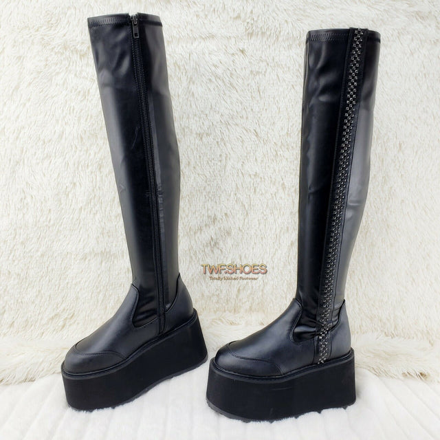 Damned Goth Punk Rock 3.5" Platform OTK Thigh Boots Stretch Black Matte NY - Totally Wicked Footwear