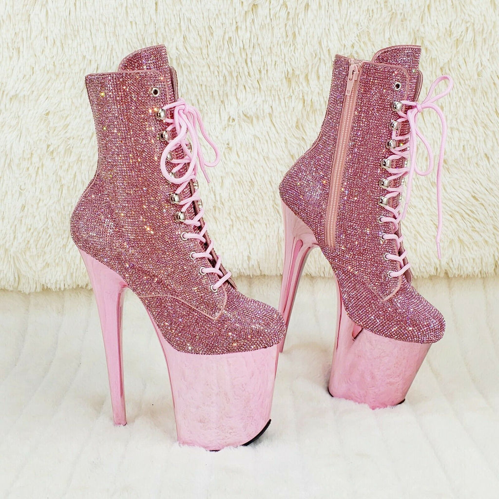 Baby Pink 1020CHRS Bejeweled Rhinestone 8" Heel Chrome Platform Ankle Boots NY - Totally Wicked Footwear