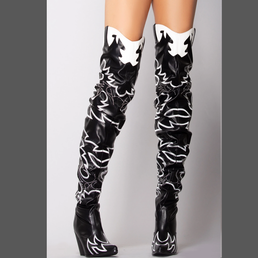 Kelsey 21 Rock Star Black & White Western Slouch OTK Thigh High Cowboy Boots - Totally Wicked Footwear