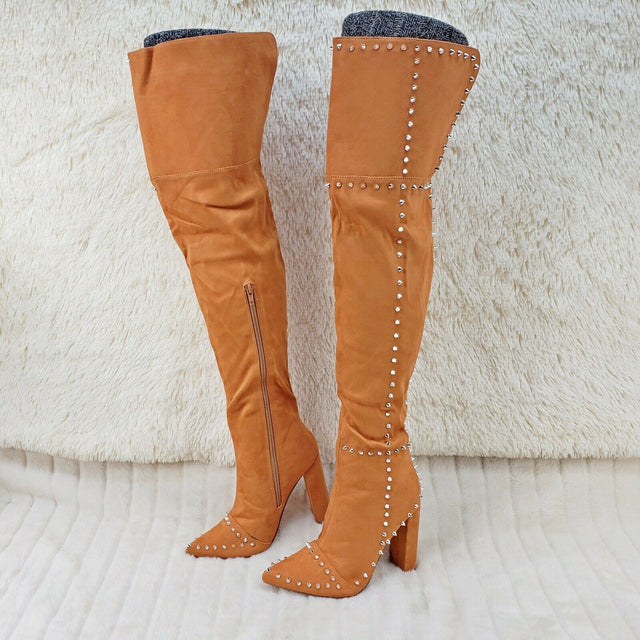 Steph Tan Camel Faux Suede Silver Tone Studded Thigh High Chunky Heel Boots - Totally Wicked Footwear