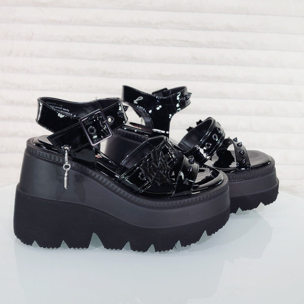 Shaker 13 Black Out Patent 4.5" Wedge Heel Gothic Sandals Studs And Charms NY - Totally Wicked Footwear