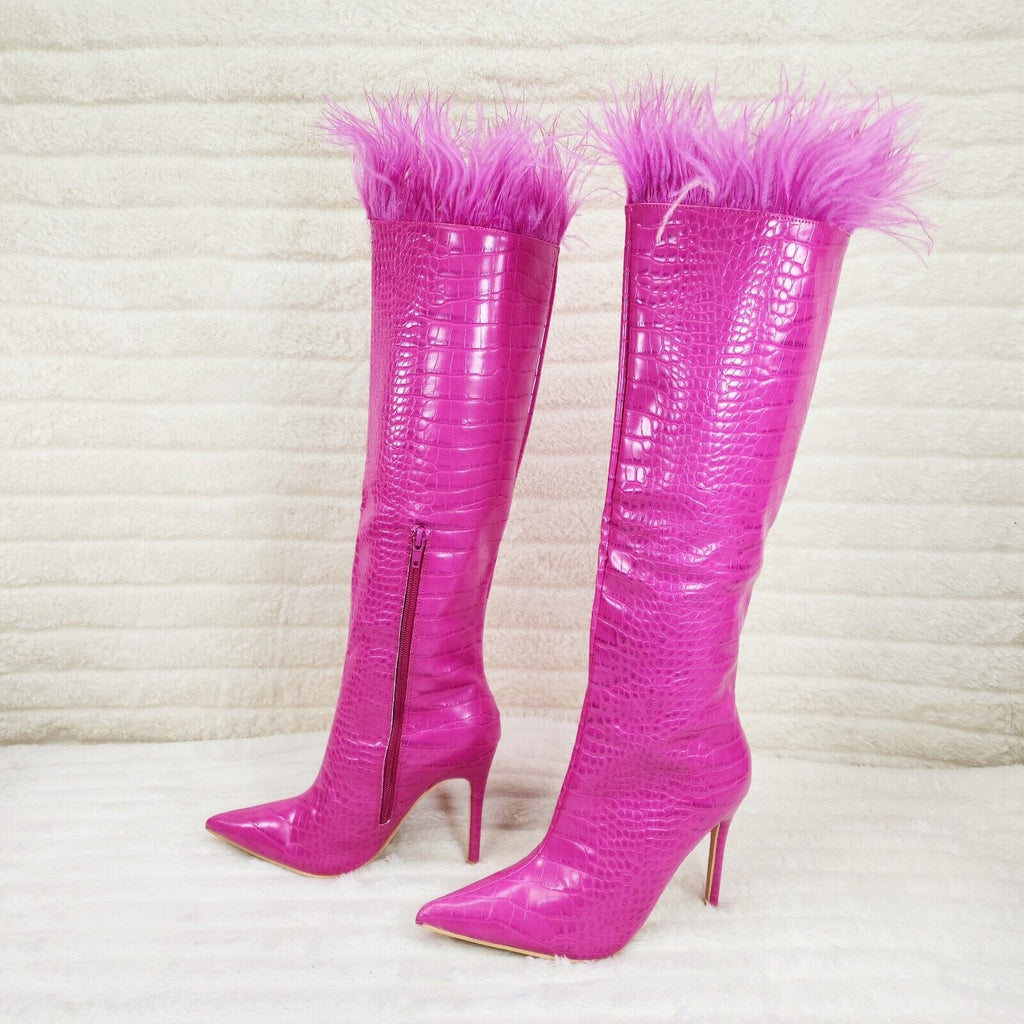 Flirty Fuchsia Pink Snake Texture Knee High Heel Stiletto Boots Sexy Feather Top - Totally Wicked Footwear