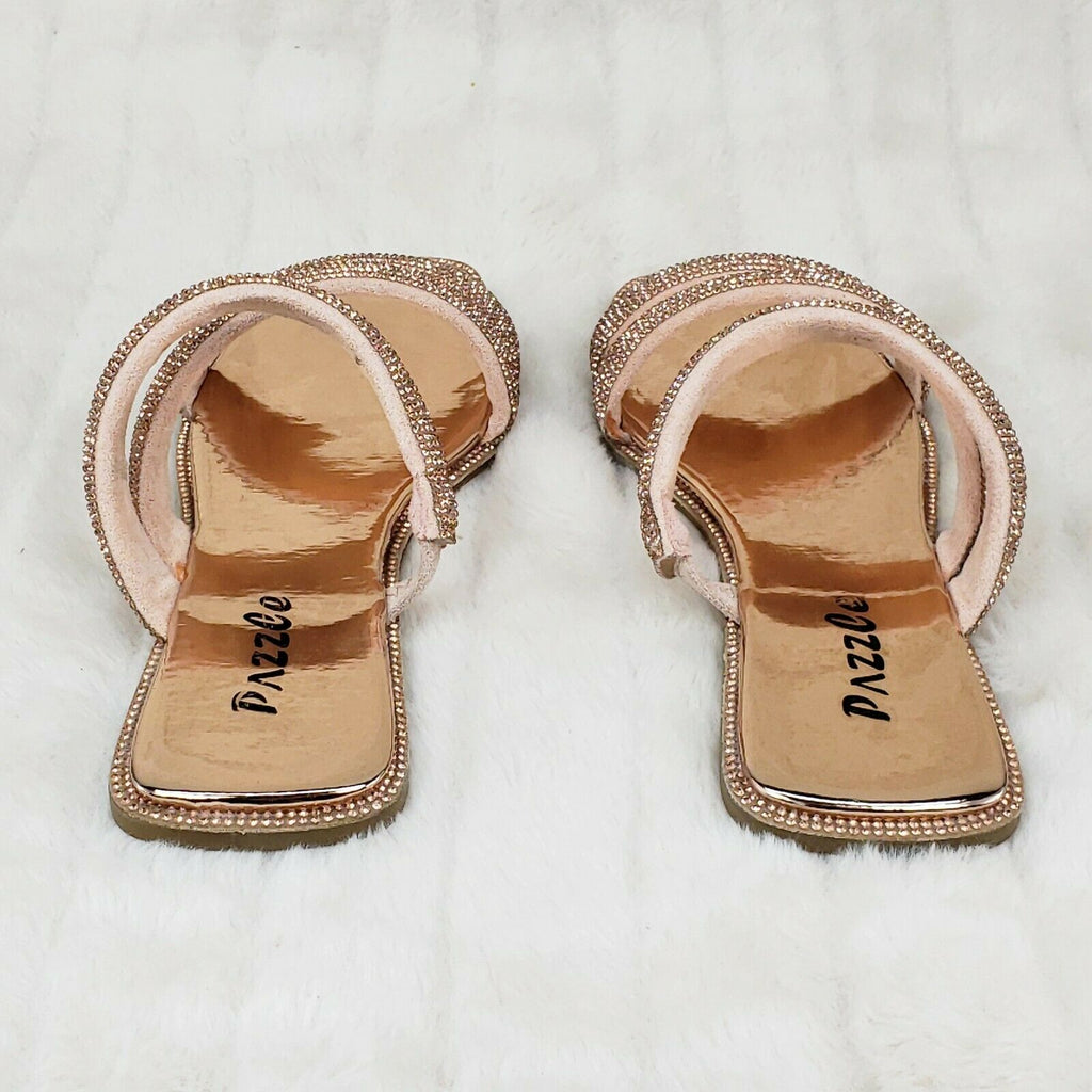 Sparkle Triple Padded Strap Slip On Rose Gold Rhinestone Sandals - Totally Wicked Footwear