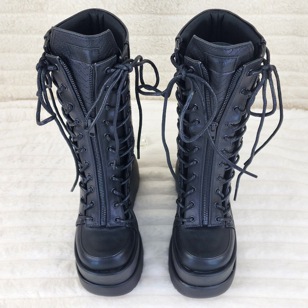 Void Black Matte Reflective Platform Wedge Mid Calf Boots IN HOUSE NY Demonia - Totally Wicked Footwear