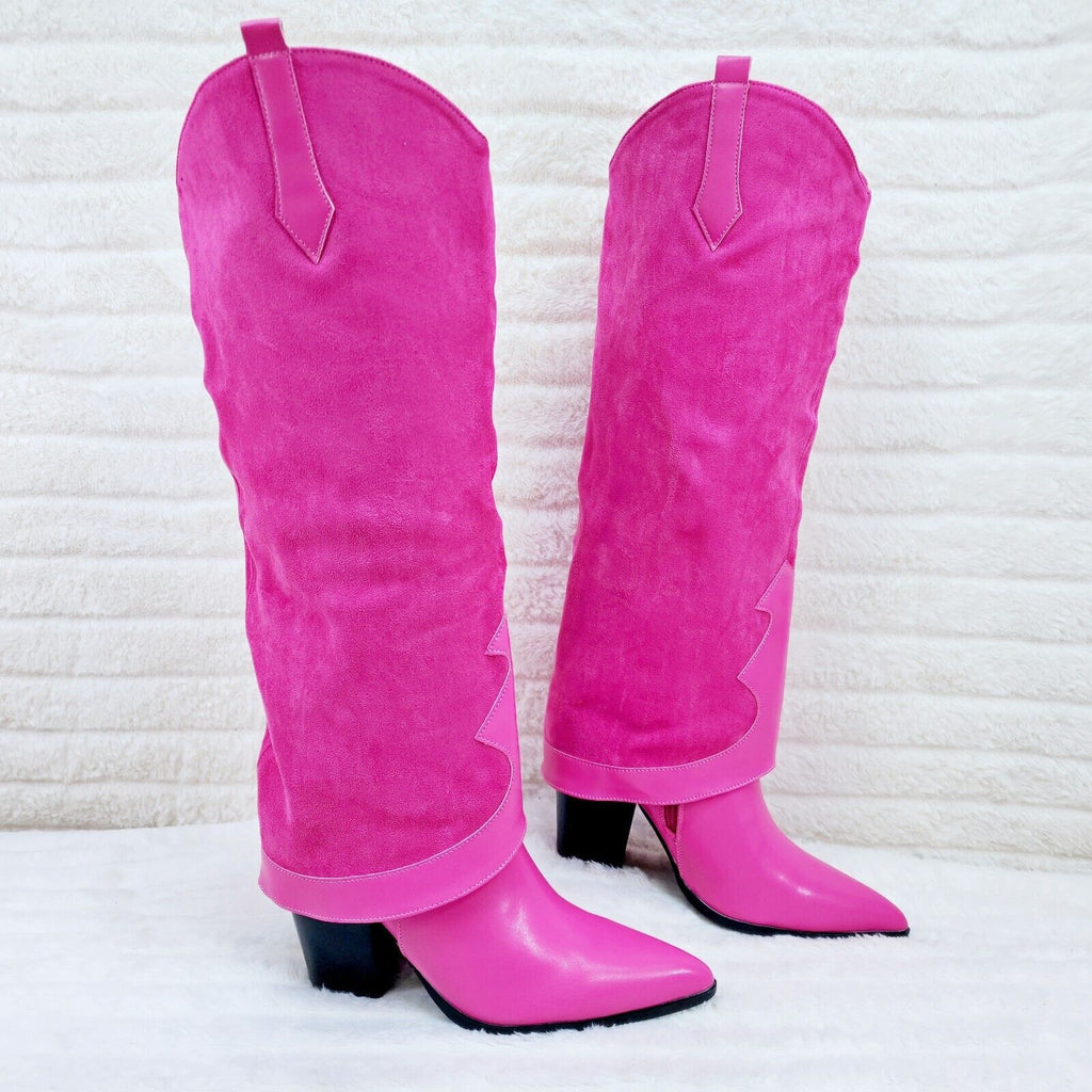 Branded Fuchsia Pink Skirted Fold Over Western Knee High Cowgirl Boots - Totally Wicked Footwear