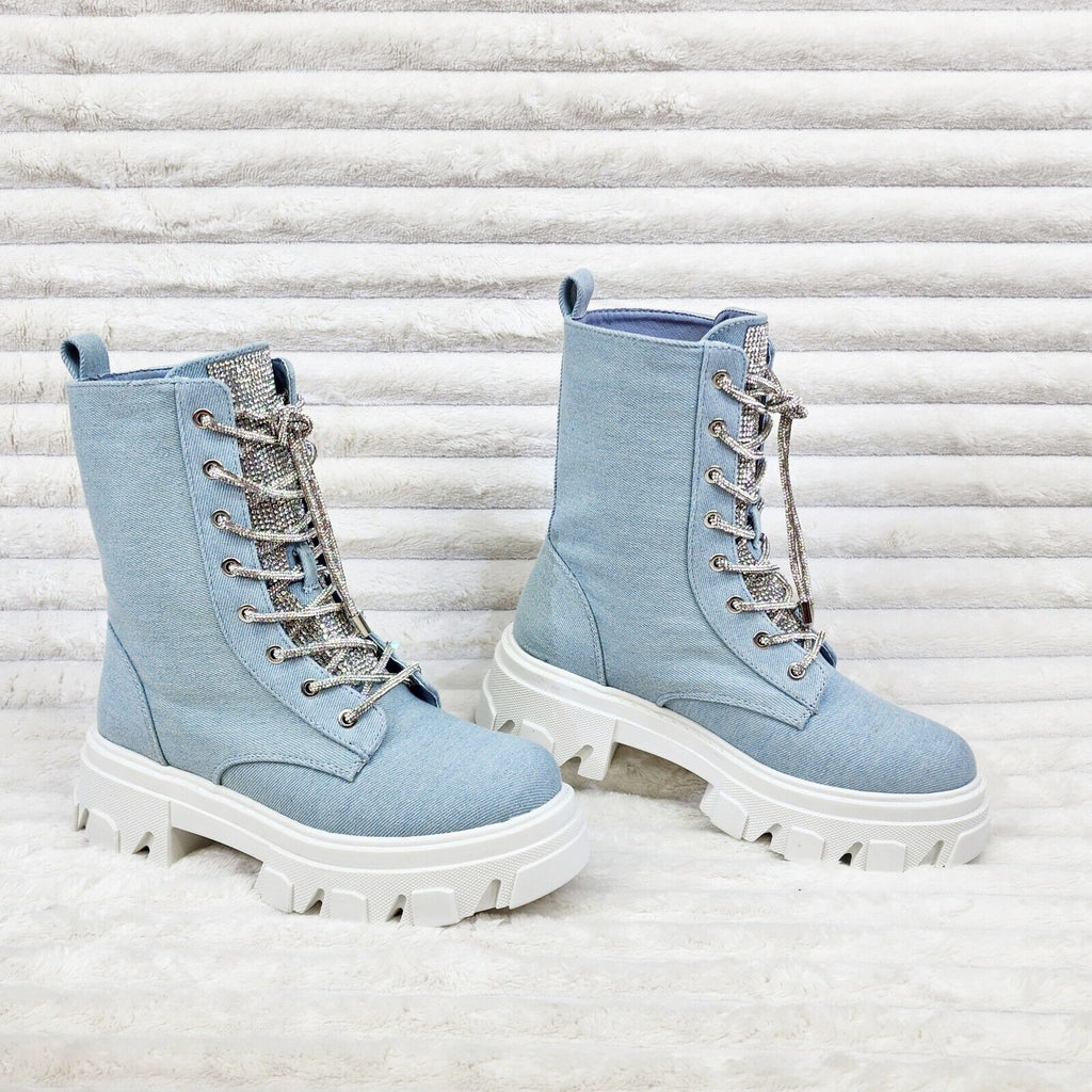 Rowan Denim Combat Ankle Boots Iridescent Rhinestone Tongue and Rope Laces - Totally Wicked Footwear