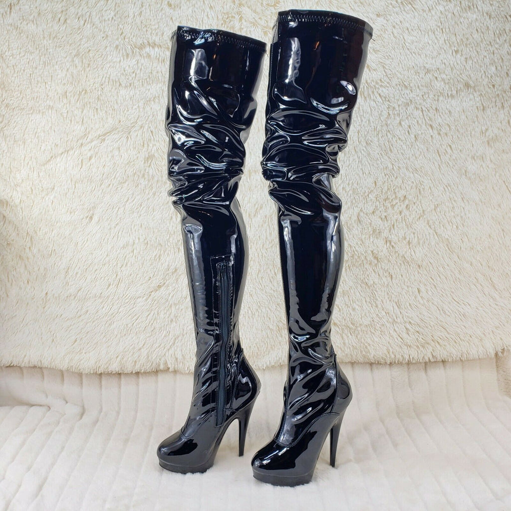 Sultry 4000 Stretch Patent Black 6" High Heel Platform Thigh High Crotch Boots - Totally Wicked Footwear