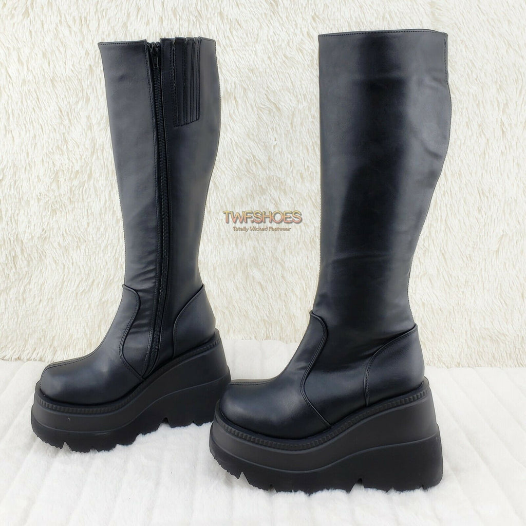 Demonia Shaker 100 Black Matte Platform 4.5" Wedge Heel Knee Boots NY - Totally Wicked Footwear