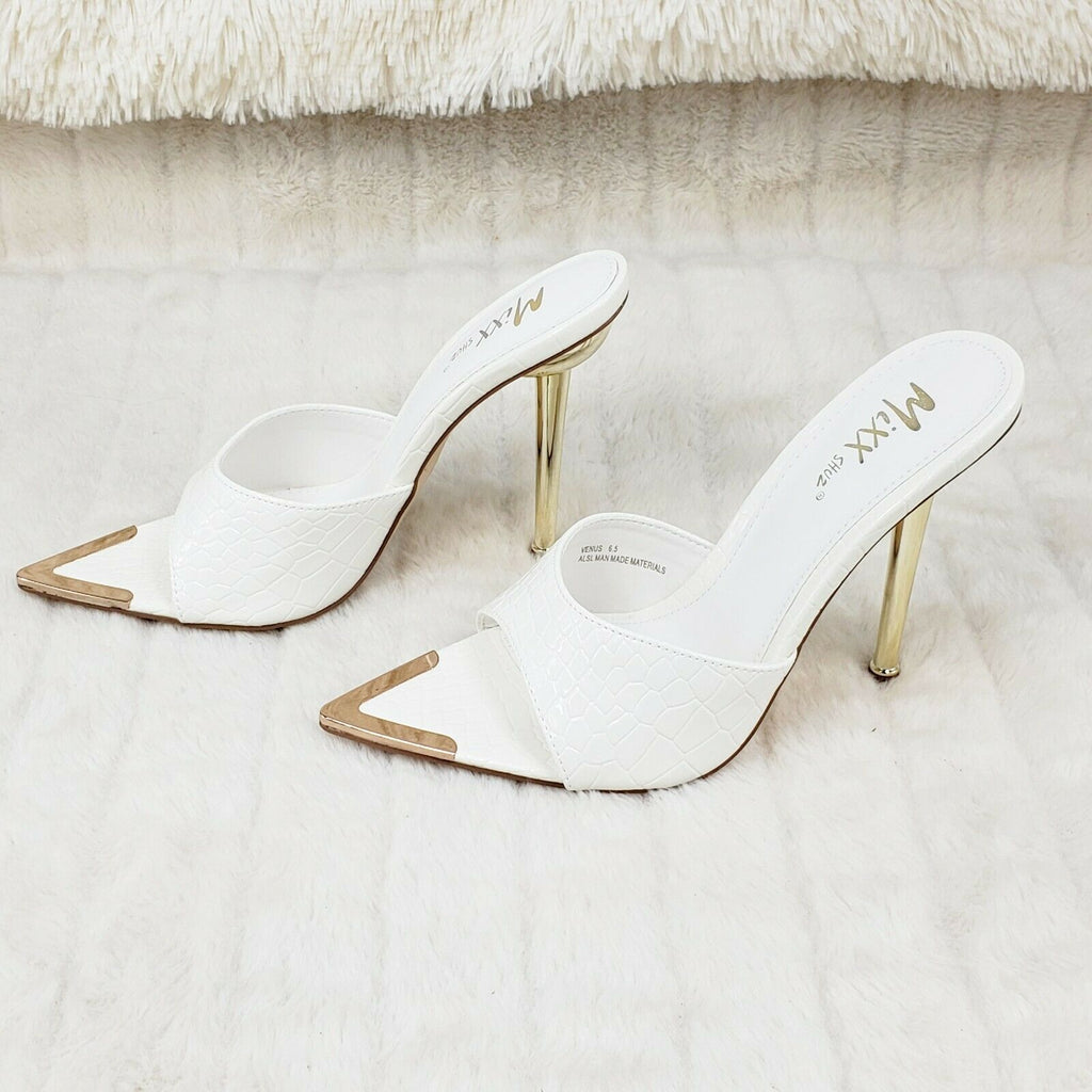 Venus White Slim High Heel Pointy Toe Slip On Sandals Slides Clogs - Totally Wicked Footwear